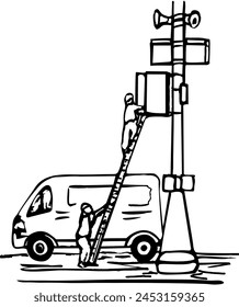 The van that delivered the workers to their place of work. Workers using a ladder repair communication equipment placed on a lamppost. A sketch made by hand