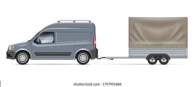 Van towing a trailer tent vector illustration. Side view of car on white background for vehicle branding, advertising, corporate identity.