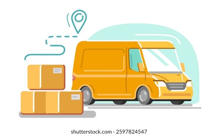 Van for transporting boxes. Delivery service, moving. Logistics and wholesale concept. Commercial truck with cargo