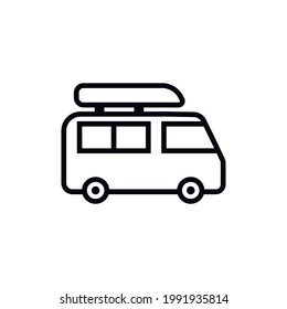 A van for traveling, camping. Trailer for tourism, family holidays. Vector icon. Black outline isolated on a white background.