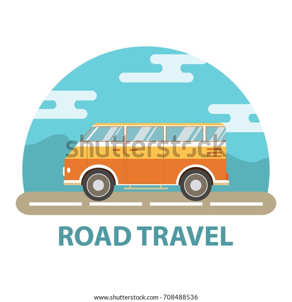 The van for travel.Tour bus.Road Trip.Travel by\
car.Trip mobile accommodation to a holiday on a vintage retro motor\
home.The vehicle for the camping.Adventure for all family.Vector in\
flat style.