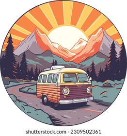 Viaje de camioneta al amanecer en un vector del día de verano