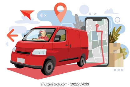 van truck delivering packages using map or gps