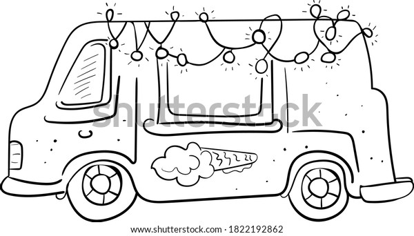 Van or Truck with Ice cream. The decorated\
transport a garland with bulbs. Vector clip art illustration.\
Coloring page or book for\
children