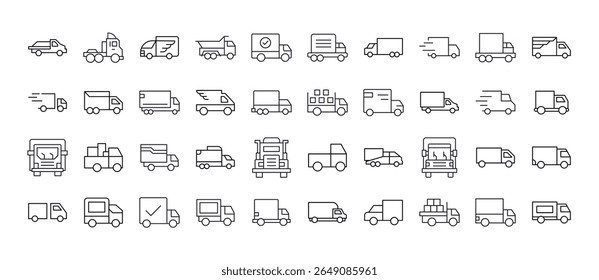 Van e Truck Line Icon Bundle. Outline Signs para Gráficos e Web Design, Apps, Anúncios, Vários Cartões 