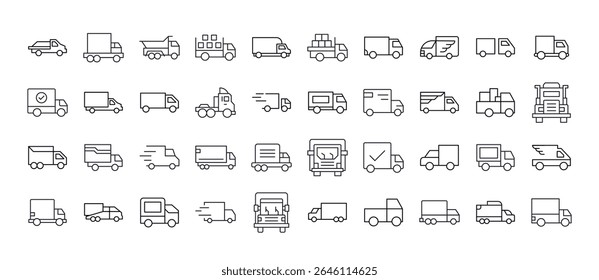 Coleção de Ícones da Linha Van e Truck. Outline Signs para Gráficos e Web Design, Apps, Anúncios, Vários Cartões 