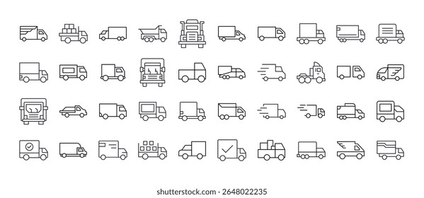 Van e Truck Line Icon Pack. Outline Signs para Gráficos e Web Design, Apps, Anúncios, Vários Cartões 