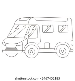 Van truck or RV car for delivery or camping in black and white style from side view, car illustration for coloring book or logo, icon design