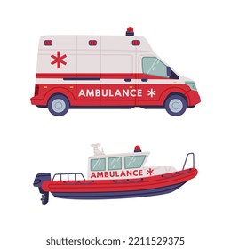 Van or Truck with Siren and Motor Boat as Ambulance Emergency Rescue Service Vehicle and Medical Care Transport Vector Set