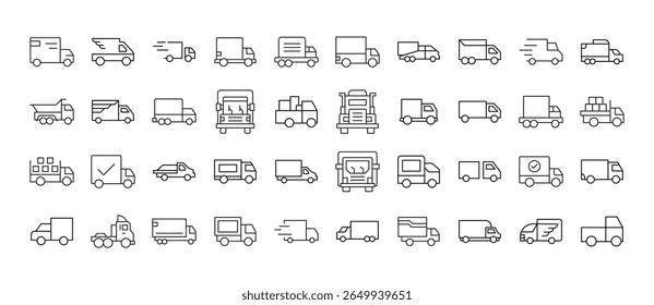 Conjunto de ícones de linha fina Van e Truck. Outline Signs para Gráficos e Web Design, Apps, Anúncios, Vários Cartões 