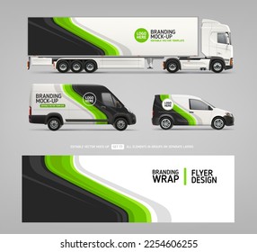 Van, truck trailer mockup with wrap decal design for branding and corporate identity. Abstract graphics design for business background. Branding vehicle. Company car mock-up. Editable vector template