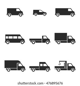 Van, truck vector icons. Simple illustration set of 9 van, truck elements, editable icons, can be used in logo, UI and web design