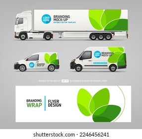 Van Truck vector mockup set with wrap design for branding and corporate identity. Abstract green graphics for business banner background. Wrap design. Branding vehicle template