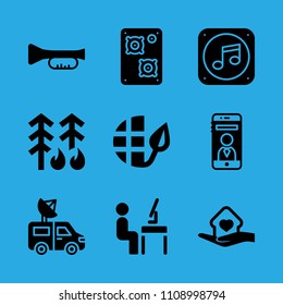 van, trumpet, workspace, shelter, forest fire, ecology, speaker, smartphone and music file vector icon. Simple icons set