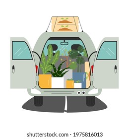 Van trunk is open and full of houseplants and land. Automobile has monstera, succulent, aloe for greenhouse, garden, orangery. Shopping in botanical and floral market. Vector flat cartoon illustration