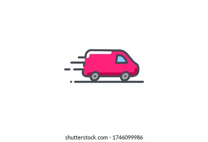 Van vector icon. Delivery service logo isolated on white. Moving car line outline colored filled thin sign flat design. Logistics trucking business concept.