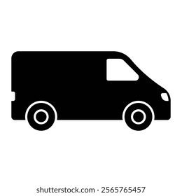 Van vector icon. Delivery vehicle symbol for transportation, logistics, and commercial services. Black silhouette isolated on white background.