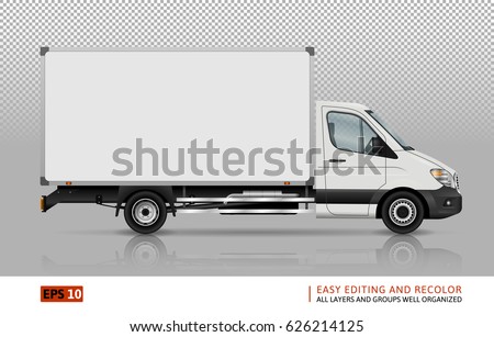 Van vector template for car branding and advertising. Isolated delivery truck. All layers and groups well organized for easy editing and recolor. View from right side.