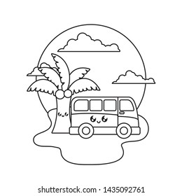 van vehicle with palm tropical kawaii in the beach