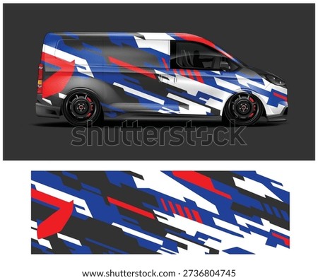 A van with a vibrant abstract design featuring red, white, and blue colors on a dark background with a close-up of the design below.