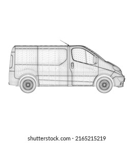 Van wireframe from black lines isolated on white background. Side view. 3D. Vector illustration.