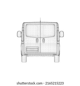 Van wireframe from black lines isolated on white background. Back view. 3D. Vector illustration.