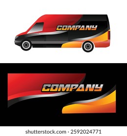Van wrap design with teal orange stripes and branding for company fleet. Suitable for commercial vehicle advertising campaigns. 
