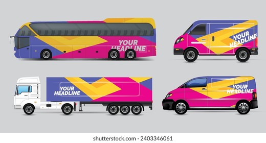 Van Wrap Livery deaign. Ready print wrap design for Van.Company Van, Truck, Delivery Car mock-up set. Abstract geometric graphics design for Business Corporate identity. Company Cars.