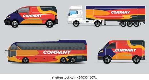 Van Wrap Livery deaign. Ready print wrap design for Van.Company Van, Truck, Delivery Car mock-up set. Abstract geometric graphics design for Business Corporate identity. Company Cars.