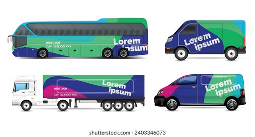 Van Wrap Livery deaign. Diseño de envoltura de impresión listo para Van.Company Van, Truck, Delivery Car simulación set. Diseño gráfico geométrico abstracto para la identidad empresarial. Coches de la compañía.