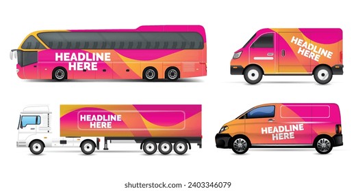 Van Wrap Livery deaign. Diseño de envoltura de impresión listo para Van.Company Van, Truck, Delivery Car simulación set. Diseño gráfico geométrico abstracto para la identidad empresarial. Coches de la compañía.