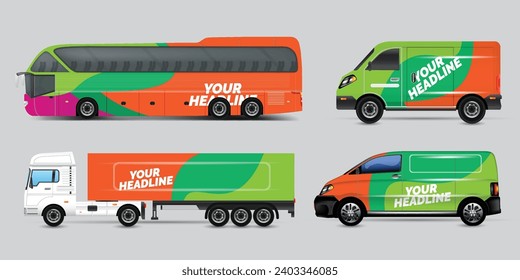 Van Wrap Livery deaign. Diseño de envoltura de impresión listo para Van.Company Van, Truck, Delivery Car simulación set. Diseño gráfico geométrico abstracto para la identidad empresarial. Coches de la compañía.