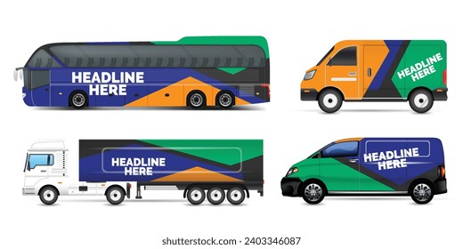 Van Wrap Livery deaign. Diseño de envoltura de impresión listo para Van.Company Van, Truck, Delivery Car simulación set. Diseño gráfico geométrico abstracto para la identidad empresarial. Coches de la compañía.