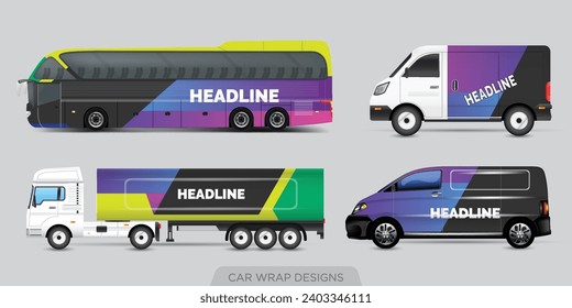 Van Wrap Livery deaign. Ready print wrap design for Van.Company Van, Truck, Delivery Car mock-up set. Abstract geometric graphics design for Business Corporate identity. Company Cars.