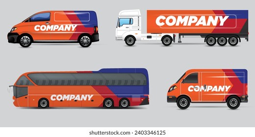 Van Wrap Livery deaign. Diseño de envoltura de impresión listo para Van.Company Van, Truck, Delivery Car simulación set. Diseño gráfico geométrico abstracto para la identidad empresarial. Coches de la compañía.