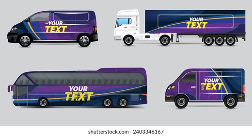 Van Wrap Livery deaign. Diseño de envoltura de impresión listo para Van.Company Van, Truck, Delivery Car simulación set. Diseño gráfico geométrico abstracto para la identidad empresarial. Coches de la compañía.