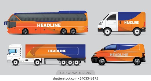 Van Wrap Livery deaign. Ready print wrap design for Van.Company Van, Truck, Delivery Car mock-up set. Abstract geometric graphics design for Business Corporate identity. Company Cars.