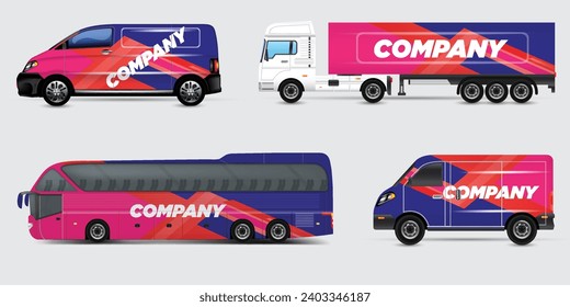 Van Wrap Livery deaign. Diseño de envoltura de impresión listo para Van.Company Van, Truck, Delivery Car simulación set. Diseño gráfico geométrico abstracto para la identidad empresarial. Coches de la compañía.