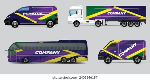 Van Wrap Livery deaign. Diseño de envoltura de impresión listo para Van.Company Van, Truck, Delivery Car simulación set. Diseño gráfico geométrico abstracto para la identidad empresarial. Coches de la compañía.