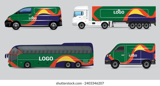 Van Wrap Livery deaign. Ready print wrap design for Van.Company Van, Truck, Delivery Car mock-up set. Abstract geometric graphics design for Business Corporate identity. Company Cars.