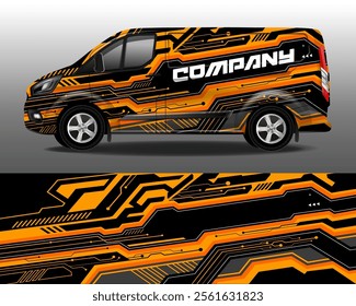 Van Wrap Livery Design. Ready to print van wrap design. Black tech background with orange stripes for vinyl car sticker. Delivery van vector design. Branding on business transport.