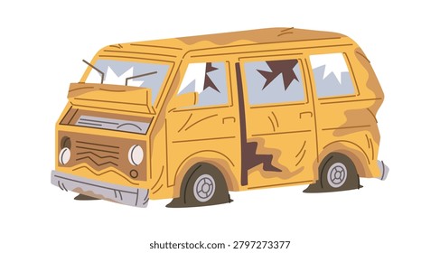 Van Wrecked With Broken Windows Cartoon Style