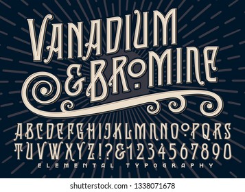 Vanadium and Bromine alphabet is a stylized old world deco font design with a sunburst background and some alternate characters.