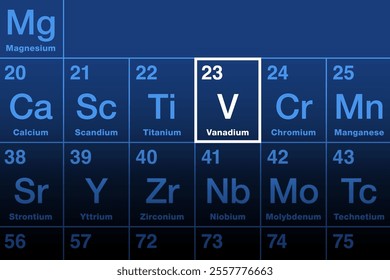 Vanadium element on the periodic table. Malleable transition metal and chemical element with atomic number 23, and with symbol V, from the Scandinavian goddess Vanadis. Used for special steel alloys.