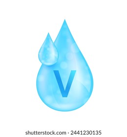 Minerales de vanadio azul gotas. Complejo vitamínico en solución esencial. Gota de agua de la naturaleza sobre fondo blanco para anuncios de suplementos dietéticos. Concepto de ciencia médica. Icono 3D aislado vector.