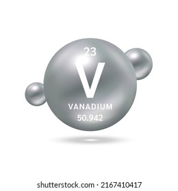 Molécula de vanadio modela elementos científicos de fórmulas químicas y plateadas. Gas natural. Ecología y concepto bioquímico. Esferas aisladas sobre fondo blanco. Ilustración de vectores 3D.