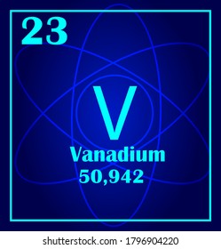 Vanadium einfache Stil Ziegelsymbol. Chemisches Element der periodischen Tabelle. Atom auf blauem Hintergrund
