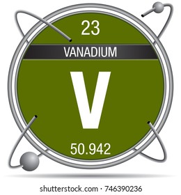 Vanadium symbol inside a metal ring with colored background and spheres orbiting around. Element number 23 of the Periodic Table of the Elements - Chemistry