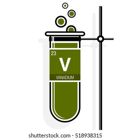 Vanadium symbol on label in a green test tube with holder. Element number 23 of the Periodic Table of the Elements - Chemistry