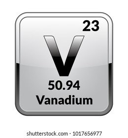 Vanadium symbol.Chemical element of the periodic table on a glossy white background in a silver frame.Vector illustration.